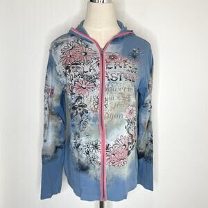 Vanilla Star Y2K Full Zip Hoodie Jacket Floral Graphic Womens XL Blue